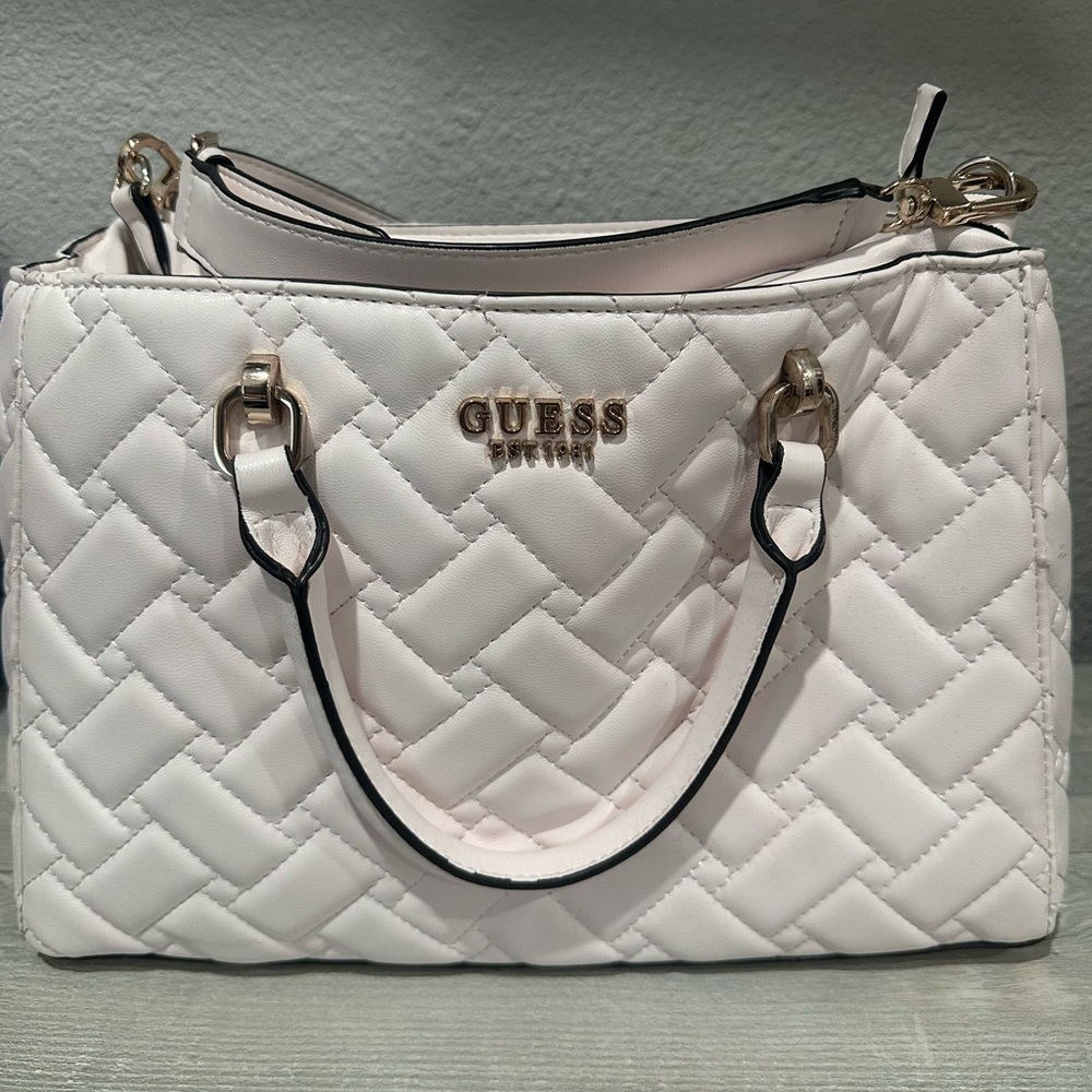 Guess White Quilted Satchel with Silver Accents